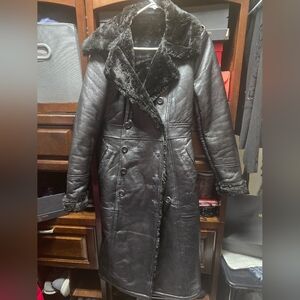 Women's Black Leather Coat with Fur Trim